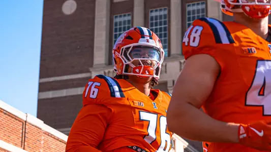 CHAMPAIGN, IL - October 11, 2025 - Offensive Lineman Dylan Frechette (#76) during the game between the Ohio State Buckeyes and the Illinois Fighting Illini at Gies Memorial Stadium in Champaign, IL. Photo By Aaron Quinn/Fighting Illini