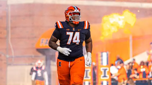 CHAMPAIGN, IL - November 15, 2025 - Offensive Lineman J.C. Davis (#74) during the game between the Maryland Terrapins and the Illinois Fighting Illini at Gies Memorial Stadium in Champaign, IL. Photo By Aaron Quinn/Fighting Illini
