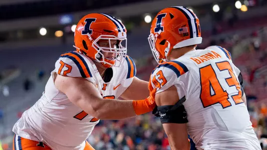 MADISON, WI - November 22, 2025 - Offensive Lineman Ayden Knapik (#72), Outside Linebacker Joe Barna (#43) before the game between the Wisconsin Badgers and the Illinois Fighting Illini at Camp Randall Stadium in Madison, IL. Photo By Ashley Ray/Fighting Illini