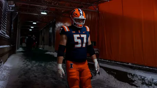 CHAMPAIGN, IL - November 29, 2025 - Offensive Lineman Zach Barrett (#57) during the game between the Northwestern Wildcats and the Illinois Fighting Illini at Gies Memorial Stadium in Champaign, IL. Photo By Fighting Illini