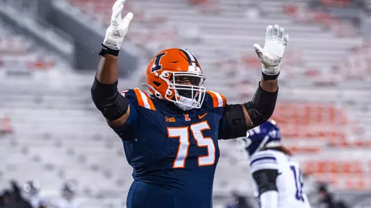 CHAMPAIGN, IL - November 29, 2025 - Offensive Lineman Brandon Henderson (#75) during the game between the Northwestern Wildcats and the Illinois Fighting Illini at Gies Memorial Stadium in Champaign, IL. Photo By Aaron Quinn/Fighting Illini