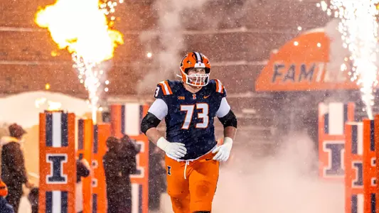 CHAMPAIGN, IL - November 29, 2025 - Offensive Lineman Josh Gesky (#73) during the game between the Northwestern Wildcats and the Illinois Fighting Illini at Gies Memorial Stadium in Champaign, IL. Photo By Aaron Quinn/Fighting Illini