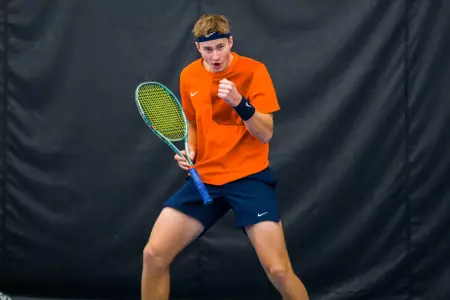 CHAMPAIGN, IL - January 16, 2026 - Adam Jilly during the match between the Mississippi State Bulldogs and the Illinois Fighting Illini at Atkins Tennis Center in Champaign, IL. Photo By Lucas Sun
