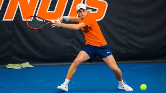 CHAMPAIGN, IL - January 16, 2026 - Sasha Colleu during the match between the Mississippi State Bulldogs and the Illinois Fighting Illini at Atkins Tennis Center in Champaign, IL. Photo By Lucas Sun