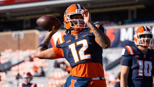 CHAMPAIGN, IL - November 01, 2025 - Quarterback Trey Petty (#12) during the game between the Rutgers Scarlet Knight and the Illinois Fighting Illini at Memorial Stadium in Champaign, IL. Photo By Quinten Truitt