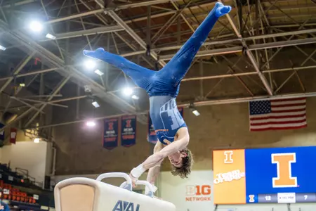 CHAMPAIGN, IL - December 05, 2025 - Alex Karadzhov during the meet between the MGYM and the Illinois Fighting Illini at Huff Hall in Champaign, IL. Photo By Eason Zhou/Fighting Illini