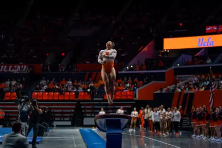 CHAMPAIGN, IL - February 22, 2026 - Eden King during the meet between the UCLA Bruins and the Illinois Fighting Illini at State Farm Center in Champaign, IL. Photo By Quinten Truitt