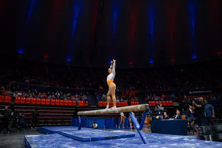 CHAMPAIGN, IL - February 22, 2026 - Alea Byrne during the meet between the UCLA Bruins and the Illinois Fighting Illini at State Farm Center in Champaign, IL. Photo By Quinten Truitt