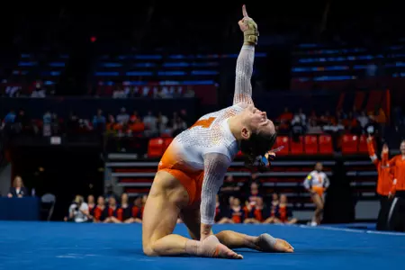 CHAMPAIGN, IL - February 22, 2026 - Tali Joelson during the meet between the UCLA Bruins and the Illinois Fighting Illini at State Farm Center in Champaign, IL. Photo By Quinten Truitt