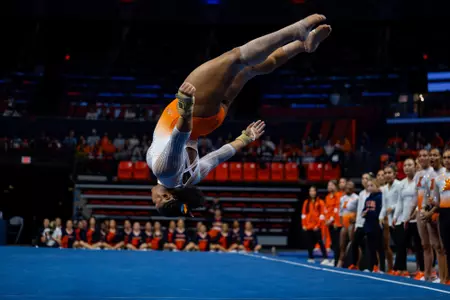 CHAMPAIGN, IL - February 22, 2026 - Kennedy Brown during the meet between the UCLA Bruins and the Illinois Fighting Illini at State Farm Center in Champaign, IL. Photo By Quinten Truitt