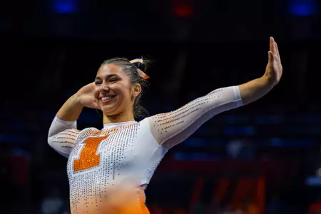 CHAMPAIGN, IL - February 22, 2026 - Eden King during the meet between the UCLA Bruins and the Illinois Fighting Illini at State Farm Center in Champaign, IL. Photo By Quinten Truitt
