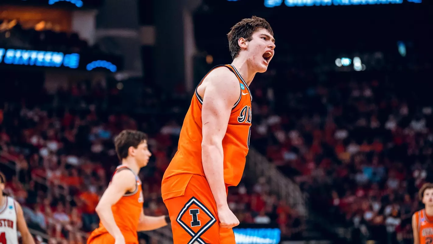 Image Taken At NCAA Tournament Sweet Sixteen Media and Practice, Toyota Center, Houston, TX, Thursday, March 26, 2026. Courtney Bay/Illinois Athletics