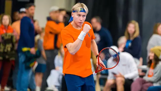 CHAMPAIGN, IL - February 28, 2026 - William Mroz during the match between the TCU Horned Frogs and the Illinois Fighting Illini at Atkins Tennis Center in Champaign, IL. Photo By Lucas Sun
