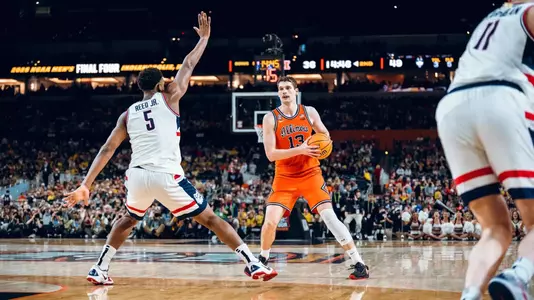 Image Taken At Illinois Fighting Illini vs. UConn Huskies Men’s Basketball Game, NCAA Tournament Final Four, Lucas Oil Stadium, Indianapolis, IN, Saturday, April 4, 2026. Courtney Bay/Illinois Athletics