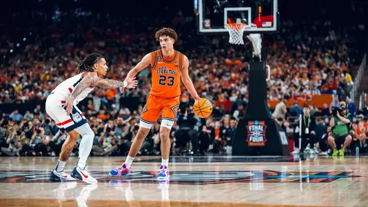 Image Taken At Illinois Fighting Illini vs. UConn Huskies Men’s Basketball Game, NCAA Tournament Final Four, Lucas Oil Stadium, Indianapolis, IN, Saturday, April 4, 2026. Courtney Bay/Illinois Athletics