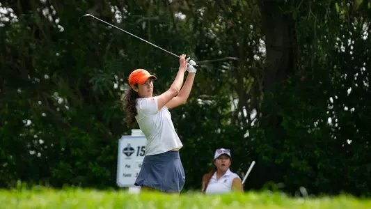 Alexis Myers watching her shot at the NCAA Stanford Regional at the Stanford Golf Course in Stanford, California.