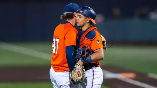 CHAMPAIGN, IL - April 28, 2026 - Right Handed Pitcher Sam Mommer (#37), Catcher Daniel Contreras (#19) during the game between the Roosevelt University Lakers and the Illinois Fighting Illini at Illinois Field in Champaign, IL. Photo By Ashley Ray/Fighting Illini