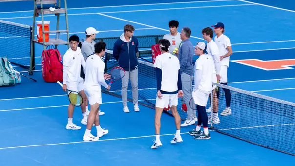 CHAMPAIGN, IL - May 01, 2026 - The Fighting Illini during the Round 1 Match of the NCAA Tournament between the Yale Bulldogs and the Illinois Fighting Illini at Atkins Tennis Center in Champaign, IL. Photo By Knox Mynatt/Fighting Illini