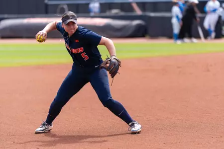 CHAMPAIGN, IL - April 12, 2026 - Infielder Adisyn Caryl (#5) during the game between the UCLA Bruins and the Illinois Fighting Illini at Eichelberger Field in Champaign, IL. Photo By Knox Mynatt/Fighting Illini