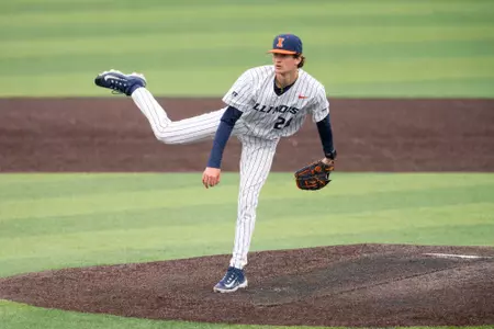 CHAMPAIGN, IL - February 17, 2026 - Right Handed Pitcher Ryan Johnson (#20) during the game between the Butler Bulldogs and the Illinois Fighting Illini at Illinois Field in Champaign, IL. Photo By Ashley Ray/Fighting Illini
