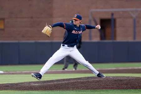 CHAMPAIGN, IL - February 25, 2026 - Left Handed Pitcher / Outfielder Brayden Mazzacano (#6) during the game between the Lindenwood Lions and the Illinois Fighting Illini at Illinois Field in Champaign, IL. Photo By Ashley Ray/Fighting Illini
