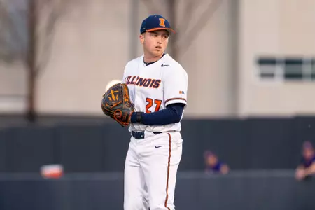 CHAMPAIGN, IL - March 10, 2026 - Right Handed Pitcher Olivier Martel (#27) during the game between the Western Illinois Leathernecks and the Illinois Fighting Illini at Illinois Field in Champaign, IL. Photo By Ashley Ray/Fighting Illini