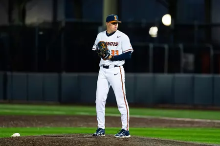 CHAMPAIGN, IL - March 13, 2026 - Right Handed Pitcher Ryan Ohm (#33) during the game between the Minnesota Golden Gophers and the Illinois Fighting Illini at Illinois Field in Champaign, IL. Photo By Lucas Sun