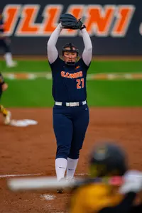 CHAMPAIGN, IL - March 13, 2026 - Right-Handed Pitcher Megan Nuechterlein (#27) during the game between the Iowa Hawkeyes and the Illinois Fighting Illini at Eichelberger Field in Champaign, IL. Photo By Quinten Truitt