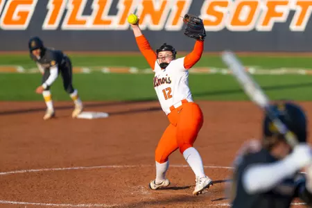 CHAMPAIGN, IL - March 14, 2026 - Right-Handed Pitcher Karley Yergler (#12) during the game between the Iowa Hawkeyes and the Illinois Fighting Illini at Eichelberger Field in Champaign, IL. Photo By Ashley Ray/Fighting Illini