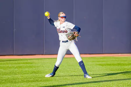 CHAMPAIGN, IL - March 24, 2026 - Outfielder Alaina Miller (#9) during the game between the Northern Iowa Panthers and the Illinois Fighting Illini at Eichelberger Field in Champaign, IL. Photo By Eason Zhou/Fighting Illini