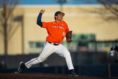 CHAMPAIGN, IL - April 07, 2026 - Right Handed Pitcher Richie LaCien (#16) during the game between the Indiana State Sycamore Sam and the Illinois Fighting Illini at Illinois Field in Champaign, IL. Photo By Quinten A. Truitt