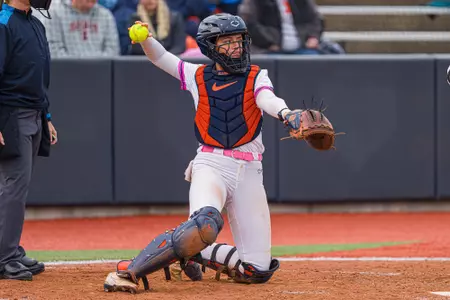CHAMPAIGN, IL - April 10, 2026 - Catcher Jackie Yeager (#99) during the game between the UCLA Bruins and the Illinois Fighting Illini at Eichelberger Field in Champaign, IL. Photo By Eason Zhou/Fighting Illini