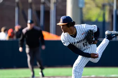 CHAMPAIGN, IL - April 18, 2026 - Right Handed Pitcher Ike Young (#12) during the game between the Oregon Ducks and the Illinois Fighting Illini at Illinois Field in Champaign, IL. Photo By Lucas Sun
