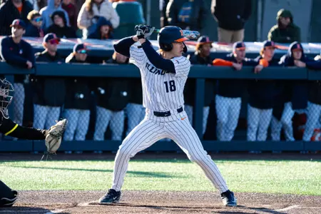 CHAMPAIGN, IL - April 18, 2026 - Outfielder / Catcher Luke Landrus (#18) during the game between the Oregon Ducks and the Illinois Fighting Illini at Illinois Field in Champaign, IL. Photo By Lucas Sun