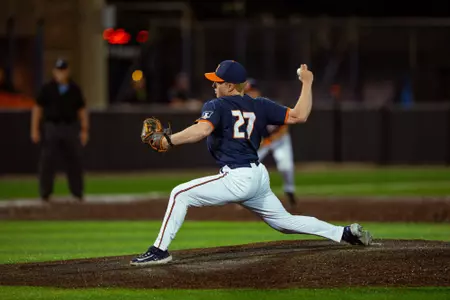 CHAMPAIGN, IL - April 21, 2026 - Right Handed Pitcher Olivier Martel (#27) during the game between the ISU Red Birds and the Illinois Fighting Illini at Illinois Field in Champaign, IL. Photo By Quinten Truitt
