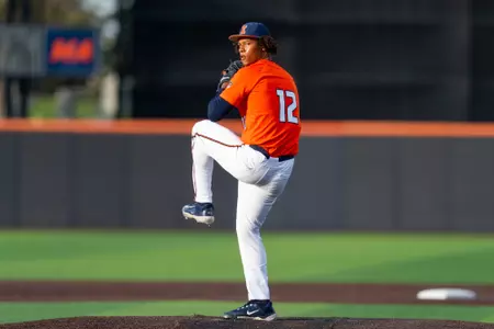 CHAMPAIGN, IL - April 28, 2026 - Right Handed Pitcher Ike Young (#12) during the game between the Roosevelt University Lakers and the Illinois Fighting Illini at Illinois Field in Champaign, IL. Photo By Ashley Ray/Fighting Illini