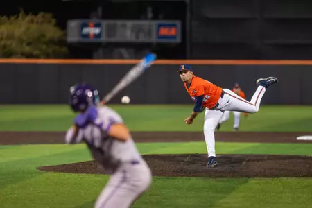 CHAMPAIGN, IL - May 08, 2026 - Left Handed Pitcher Sam Reed (#44) during the game between the Northwestern Wildcats and the Illinois Fighting Illini at Illinois Field in Champaign, IL. Photo By Knox Mynatt/Fighting Illini