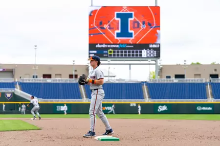 OMAHA, NE - May 19, 2026 - Infielder AJ Putty (#14) during the Big Ten Tournament game between the Iowa Hawkeyes and the Illinois Fighting Illini at Charles Schwab Field in Omaha, NE. Photo By Ashley Ray/Fighting Illini
