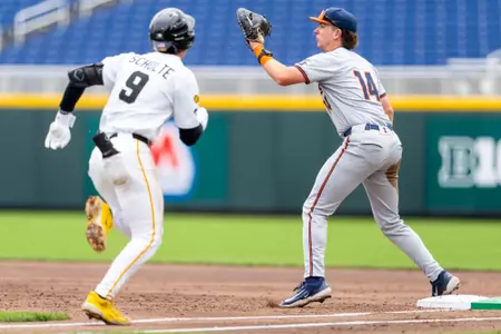 OMAHA, NE - May 19, 2026 - Infielder AJ Putty (#14) during the Big Ten Tournament game between the Iowa Hawkeyes and the Illinois Fighting Illini at Charles Schwab Field in Omaha, NE. Photo By Ashley Ray/Fighting Illini