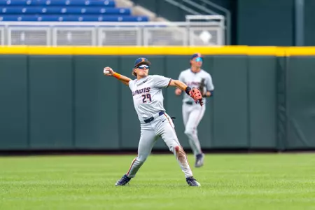 OMAHA, NE - May 19, 2026 - Outfielder Nick Groves (#29) during the Big Ten Tournament game between the Iowa Hawkeyes and the Illinois Fighting Illini at Charles Schwab Field in Omaha, NE. Photo By Ashley Ray/Fighting Illini