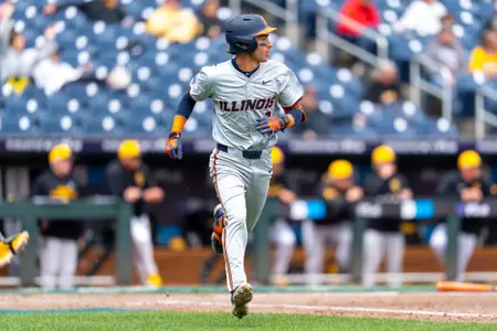 OMAHA, NE - May 19, 2026 - Infielder Michael Farina (#3) during the Big Ten Tournament game between the Iowa Hawkeyes and the Illinois Fighting Illini at Charles Schwab Field in Omaha, NE. Photo By Ashley Ray/Fighting Illini