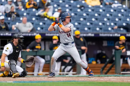 OMAHA, NE - May 19, 2026 - Infielder AJ Putty (#14) during the Big Ten Tournament game between the Iowa Hawkeyes and the Illinois Fighting Illini at Charles Schwab Field in Omaha, NE. Photo By Ashley Ray/Fighting Illini