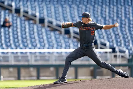 OMAHA, NE - May 20, 2026 - Left Handed Pitcher Aidan Flinn (#15) during the Big Ten Tournament game between the Purdue Boilermakers and the Illinois Fighting Illini at Charles Schwab Field in Omaha, NE. Photo By Ashley Ray/Fighting Illini