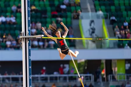 EUGENE, OR - June 11, 2026 - Pole Vaulter Mia Morello during the NCAA Outdoor National Championship at Hayward Field in Eugene, OR. Photo By Ashley Ray/Fighting Illini