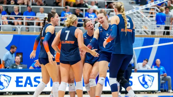 Paityn Chapman (#4), Kristina Starostenko (#11) during the match between the Eastern Illinois Panthers and the Illinois Fighting Illini at McAfee Gym in Charleston, IL September 16, 2026 . Photo By Ashley Ray/Fighting Illini