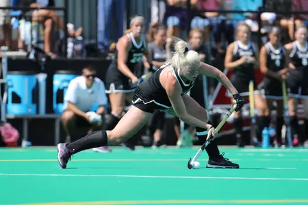 Abbey Thornton takes a shot during a field hockey game played at Lennon Family Field
