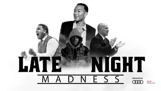 Late Night Madness 2019 graphic with Coach Cooley, Steve Napilillo, and John Legend