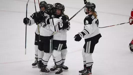 Women's ice hockey players celebrating together after scoring a goal