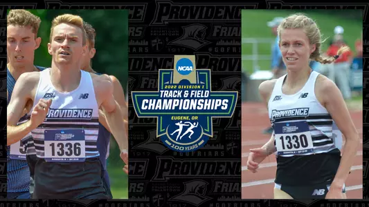 AJ Ersnt and Shannon Flockhart with the NCAA 2022 Division 1 Track and Field Championships logo