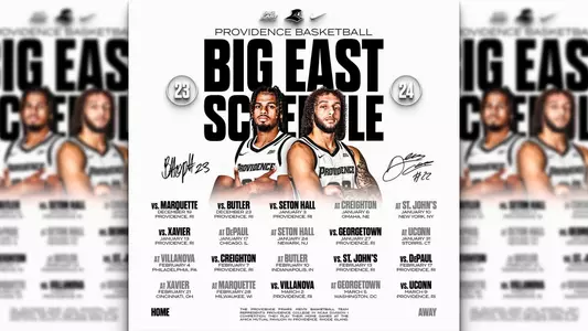 2023-2024 BIG EAST Men's Basketball Schedule Release pictures of Bryce Hopkins and Devin Carter for full schedule visit friars.com
